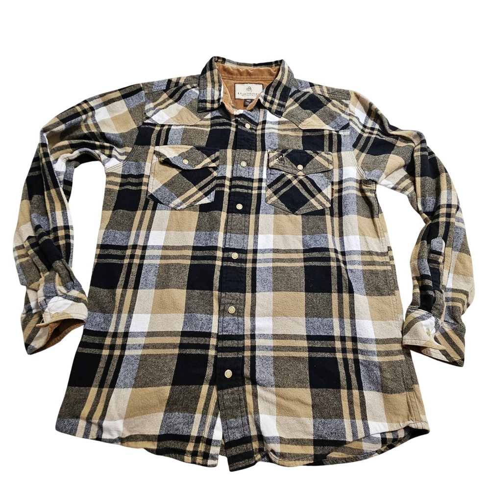 Legendary Whitetails Flannel Shirt Medium Tan Plaid Corduroy Trim Western Yoke